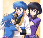  1boy 2girls aged_up alternate_costume betabetamaru black_hair black_shirt blue_eyes blue_hair blue_shirt blush child closed_eyes closed_mouth commentary_request commission father_and_daughter fire_emblem fire_emblem:_genealogy_of_the_holy_war gold_trim hair_between_eyes highres hug husband_and_wife if_they_mated jewelry larcei_(fire_emblem) long_hair long_sleeves looking_at_another mother_and_daughter multiple_girls necklace open_mouth ponytail purple_shirt sash seliph_(fire_emblem) shirt short_hair short_hair_with_long_locks short_sleeves sidelocks skeb_commission smile two-tone_shirt very_long_hair violet_eyes white_shirt 