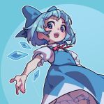  1girl :d bloomers blue_background blue_bow blue_dress blue_eyes blue_hair blue_theme blush bow cirno dress excited hair_bow ice ice_wings juliet_sleeves long_sleeves looking_at_viewer medium_hair open_mouth outstretched_arm pinafore_dress puffy_sleeves red_ribbon ribbon short_sleeves sleeveless sleeveless_dress smile soemy solo teeth touhou upper_body upper_teeth_only white_bloomers wind wind_lift wings 