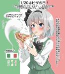 1girl :t absurdres black_bow black_bowtie black_hairband blue_eyes blush bow bowtie commentary_request eating flag_background food green_skirt green_vest grey_hair hairband highres hitodama holding holding_food holding_pizza italian_flag konpaku_youmu konpaku_youmu_(ghost) long_sleeves pepperoni pizza pizza_slice shirt short_hair skirt skirt_set solo touhou translation_request vest white_shirt youmu-kun