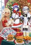  3girls ahoge altera_(fate) altera_the_santa_(fate) apron bell big_mac bikini bikini_top_only black_gloves black_thighhighs blue_eyes bow bra brooch brown_shirt burger capelet cheese chicken_nuggets choker christmas christmas_lights christmas_ornaments christmas_tree cup dark-skinned_female dark_skin disposable_cup drinking_straw earmuffs elbow_gloves fast_food fate/grand_order fate_(series) food french_fries fur-trimmed_capelet fur-trimmed_skirt fur_trim gift gloves green_bow hat headpiece holding holding_food holly jeanne_d&#039;arc_alter_santa_lily_(fate) jewelry jingle_bell ketchup lettuce long_hair martha_(fate) martha_(santa)_(fate) mcdonald&#039;s mittens morikura_en multiple_girls official_art purple_hair red_bra red_choker red_eyes red_gloves red_headwear red_skirt ribbon santa_costume santa_hat sesame_seeds shirt skirt striped striped_bow striped_ribbon swimsuit thigh-highs underwear veil white_apron white_capelet white_mittens yellow_eyes 