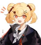 1girl :d animal_ears arknights artist_name bear_ears bear_girl black_dress black_jacket blonde_hair candy candy_hair_ornament candy_wrapper collared_dress commentary_request dress eyelashes food food-themed_hair_ornament gummy_(arknights) hair_bun hair_ornament hairclip happy highres itonatsu jacket lapels light_blush lollipop looking_at_viewer notched_lapels notice_lines open_mouth orange_eyes sailor_collar sailor_dress shadow short_hair signature simple_background single_hair_bun smile solo standing swirl_lollipop twintails upper_body white_background white_sailor_collar
