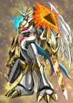  absurdres arm_cannon digimon digimon_(creature) fire fusion highres imperialdramon mecha omegamon robot sawa_d standing sword weapon wings 