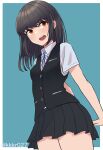 1girl arms_behind_back black_hair black_skirt black_vest blue_background collared_shirt dress_shirt hayashio_(kancolle) highres kantai_collection koureikyou_kou long_hair one-hour_drawing_challenge open_mouth orange_eyes pleated_skirt round_teeth school_uniform shirt skirt smile solo teeth twitter_username two-tone_background upper_teeth_only vest white_shirt 