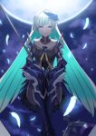  1girl absurdres aqua_hair arm_armor armored_boots asymmetrical_bangs black_shirt black_skirt blue_hair boots brynhildr_(fate) brynhildr_romantia fate/grand_order fate_(series) floating full_moon highres holding holding_polearm holding_weapon long_hair looking_at_viewer moon multicolored_hair pleated_skirt polearm quill shirt skirt solo spear two-tone_hair very_long_hair violet_eyes weapon ziu 