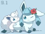  2027_(submarine2027) ;3 alolan_vulpix blue_background blue_eyes blush closed_mouth commentary_request dated flower glaceon hibiscus hug looking_at_another looking_at_viewer looking_back no_humans one_eye_closed pokemon pokemon_(creature) red_flower simple_background smile 