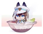  1girl ascot blue_eyes bowl brown_hair cheval_grand_(umamusume) chibi closed_mouth crossed_bangs food food_in_mouth hat hat_belt in_bowl in_container jacket long_hair multicolored_hair noodles renma_(renma_0503) simple_background solo soup spring_onion steam streaked_hair twitter_username umamusume watermark white_background white_headwear white_jacket yellow_ascot 