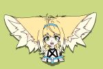  1girl :d ahoge anatomical_nonsense animal_ears arknights bare_shoulders black_collar blonde_hair blue_hairband collar cropped_torso fox_ears fox_girl green_background green_eyes hairband infection_monitor_(arknights) large_ears mazz open_mouth oripathy_lesion_(arknights) simple_background smile solo suzuran_(arknights) teeth upper_teeth_only 