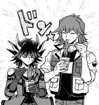  2boys belt bruno_(yu-gi-oh!) chopsticks closed_eyes cup eating elbow_pads facial_mark facial_tattoo food fudou_yuusei gloves greyscale happy high_collar highres holding holding_chopsticks holding_cup holding_food jacket male_focus marking_on_cheek monochrome multicolored_hair multiple_boys noodles open_clothes open_jacket pants ramen ramen screentones shirt short_hair shoulder_pads sleeves_rolled_up sound_effects spiky_hair streaked_hair t-shirt tattoo youko-shima yu-gi-oh! yu-gi-oh!_5d&#039;s 