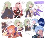  5girls bakuatsukiyu blue_hair blush brown_eyes byleth_(female)_(fire_emblem) byleth_(fire_emblem) fire_emblem fire_emblem:_three_houses green_eyes green_hair highres hilda_valentine_goneril leonie_pinelli lysithea_von_ordelia marianne_von_edmund multiple_girls pink_eyes pink_hair redhead white_background white_hair yuri 