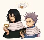 2boys bags_under_eyes black_hair boku_no_hero_academia closed_mouth cropped_torso doughnut eraser_head_(boku_no_hero_academia) facial_hair fingernails food grey_scarf holding holding_food looking_at_food male_focus multiple_boys mustache purple_hair rnuyvm scar scar_on_face scarf shinsou_hitoshi short_hair simple_background sparse_stubble spiky_hair white_background 