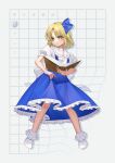  1girl absurdres alice_margatroid alice_margatroid_(pc-98) blonde_hair blue_hairband blue_skirt blush book bow dress frilled_skirt frills grid grid_background grimoire grimoire_of_alice guumin hair_bow hair_ribbon hairband highres mystic_square ribbon shirt short_hair short_sleeves skirt solo suspenders touhou touhou_(pc-98) warped yellow_eyes 