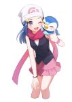  1girl beanie blue_eyes blue_hair bracelet commentary_request cropped_legs hat highres hikari_(pokemon) jewelry miniskirt one_eye_closed open_mouth pink_scarf pink_skirt piplup pokemon pokemon_(creature) pokemon_dppt scarf skirt smile sonoda_(mzm) wristband 