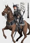  1girl armor armored_boots armored_dress black_dress black_footwear black_headwear boots brown_hair closed_mouth commentary dress english_commentary grey_background haonfest helmet highres holding holding_weapon horseback_riding hussar instrument lance looking_at_viewer oboe original polearm riding short_eyebrows simple_background sitting solo thick_eyebrows thigh_boots violet_eyes weapon 