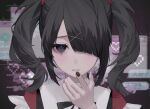  1girl ame-chan_(needy_girl_overdose) black_eyes black_hair black_nails black_ribbon collared_shirt commentary_request crying crying_with_eyes_open hair_ornament hair_over_one_eye hair_tie hand_on_own_face hand_up heart highres looking_at_viewer multicolored_nails nail_polish neck_ribbon needy_girl_overdose parted_lips pink_nails pixel_heart red_shirt ribbon sad shirt solo speech_bubble tears tsukio_(o_tukio) twintails upper_body x_hair_ornament 