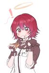  ! 1girl 5rwpvc :i absurdres arknights black_gloves blush closed_mouth eating exusiai_(arknights) fingerless_gloves food food_on_face gloves hair_between_eyes halo highres holding holding_food jacket looking_at_viewer red_eyes redhead short_sleeves simple_background solo upper_body white_background white_jacket 