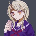  1girl :o ahoge akamatsu_kaede blonde_hair commentary_request danganronpa_(series) danganronpa_v3:_killing_harmony grey_background hair_ornament hairclip hand_up highres holding holding_phone long_hair long_sleeves looking_at_viewer neckerchief official_alternate_costume orange_eyes phone purple_sailor_collar purple_shirt red_neckerchief sailor_collar satori_(aosky9077) shirt simple_background solo 