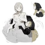  2girls black_headwear blonde_hair closed_eyes closed_mouth dungeon_meshi falin_thorden grey_hair highres long_hair looking_at_another ma_fu marcille multiple_girls multiple_views profile short_hair simple_background white_background yellow_eyes 