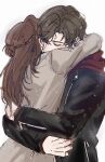 1boy 1girl artem_wing_(tears_of_themis) black_jacket braid brown_hair brown_jacket closed_mouth commentary emjiajia hair_bun hetero highres hood hood_down hoodie hug jacket long_hair long_sleeves red_hoodie rosa_(tears_of_themis) simple_background sketch tears_of_themis white_background