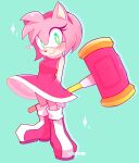  1girl amy_rose blush dress eyelashes green_background green_eyes hairband hammer heart highres holding holding_hammer lisuchi looking_at_viewer pink_fur red_dress red_footwear red_hairband sleeveless sleeveless_dress smile sonic_(series) sparkle 