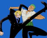 2boys absurdres black_pants blonde_hair blue_background clenched_hand clenched_teeth clothes_grab dr11ge earrings facial_hair fighting green_hair hair_over_one_eye haramaki highres jewelry long_sleeves male_focus multiple_boys necktie one_piece pants pushing pushing_away pushing_face roronoa_zoro sanji_(one_piece) shirt short_hair short_sleeves suit teeth white_shirt 