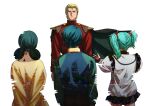  2boys 2girls arms_at_sides arms_behind_back black_cape black_skirt blonde_hair blood blood_on_hands blue_eyes bow cape char&#039;s_counterattack char_aznable closed_mouth commentary_request digital_dissolve double_bun dress facing_away floating_cape green_hair green_sweater gundam hair_bow hair_bun highres jacket kamille_bidan kogetoriten_999 lalah_sune long_sleeves military_jacket mobile_suit_gundam multiple_boys multiple_girls outstretched_arms pleated_skirt quess_paraya red_bow red_jacket short_hair simple_background skirt spoilers sweater twintails white_background white_jacket yellow_dress zeta_gundam 