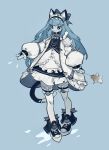  1girl absurdres animal_ear_fluff animal_ears black_eyes blue_background blue_bow blue_bowtie blue_footwear blue_fur blue_hair blue_theme body_fur bow bowtie bright_pupils cat_ears cat_girl cat_tail collared_jacket commentary diamond-shaped_pupils diamond_(shape) drawstring fewer_digits footwear_bow frilled_hairband frills full_body furry furry_female hair_bow hairband highres jacket long_hair long_sleeves open_clothes open_jacket original puffy_long_sleeves puffy_sleeves shiiorina shoes simple_background skirt sneakers solo standing symbol-only_commentary symbol-shaped_pupils tail thigh-highs whiskers white_jacket white_pupils white_skirt white_thighhighs wide-eyed zipper 
