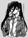  +_+ 1girl absurdres arms_at_sides closed_mouth collared_shirt commentary copyright_name cropped_torso grey_background greyscale hair_between_eyes highres jacket long_hair long_sleeves looking_at_viewer monochrome necktie noto_arata open_clothes open_jacket shirt simple_background smile solo symbol-only_commentary tai_sekaiyou_mahou_shoujo_tsubame tasutekete translation_request twintails upper_body very_long_hair 