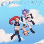  1boy 1girl boots closed_eyes clouds commentary crop_top day english_commentary english_text gloves highres james_(pokemon) jessie_(pokemon) long_hair meowth midriff navel open_mouth pokemon pokemon_(anime) pokemon_(creature) purple_hair redhead short_hair sky websmunks 