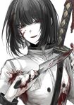  1girl black_hair blood blood_on_face blood_on_hands blood_on_weapon bob_cut buttons hand_up highres holding holding_knife jacket knife limbus_company looking_at_viewer luull project_moon red_eyes ryoshu_(project_moon) short_hair simple_background solo weapon white_background white_jacket 