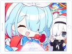  2girls arona_(blue_archive) black_coat black_eyes black_hairband black_sailor_collar black_serafuku blue_archive blue_hair blush chicken_(food) chicken_leg coat colored_inner_hair facing_viewer food food_on_face fork gloves grey_eyes hair_over_one_eye hairband hat highres holding holding_food holding_fork holding_sack long_hair long_sleeves looking_at_viewer multicolored_hair multiple_girls neckerchief open_clothes open_coat open_mouth pink_hair plana_(blue_archive) pleated_skirt red_gloves red_headwear sack sailor_collar santa_hat school_uniform serafuku skirt smile surps white_hair white_neckerchief white_skirt 