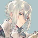  1boy aqua_background armor bedivere_(fate) braid double-parted_bangs eyes_visible_through_hair fate/grand_order fate_(series) french_braid gauntlets green_eyes grey_hair hair_between_eyes hair_tubes long_hair looking_at_viewer low_ponytail male_focus portrait se_eternite sidelocks sideways_glance simple_background smile solo 