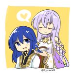  1boy 1girl blue_eyes blue_hair brother_and_sister brushing_hair cape chibi circlet closed_eyes fire_emblem fire_emblem:_genealogy_of_the_holy_war holding holding_brush holding_hair jewelry julia_(fire_emblem) long_hair purple_hair seliph_(fire_emblem) siblings simple_background yukia_(firstaid0) 