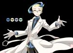  1boy black_background blonde_hair blue_hair colress_(pokemon) commentary_request cowboy_shot glasses gloves lab_coat male_focus misooo_2j multicolored_hair pokemon pokemon_bw2 solo two-tone_hair white_gloves yellow_eyes 