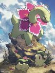  arc_draws chikorita claws closed_mouth clouds commentary_request day flower grass highres meganium no_humans open_mouth outdoors pink_flower pokemon pokemon_(creature) sky standing yellow_eyes 