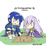  1boy 1girl blue_cape blue_eyes blue_hair book brother_and_sister cape chibi circlet english_text fire_emblem fire_emblem:_genealogy_of_the_holy_war headband jewelry julia_(fire_emblem) long_hair open_mouth ponytail purple_cape purple_hair seliph_(fire_emblem) siblings simple_background sitting talking tyrfing_(fire_emblem) violet_eyes white_headband yukia_(firstaid0) 