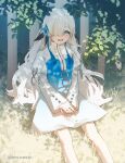  1girl absurdres blue_dress blue_eyes blue_flower blue_hair commentary_request dappled_sunlight dress eyelashes feet_out_of_frame flower grass hair_flower hair_ornament hair_over_one_eye hands_on_lap highres isekai_joucho kamitsubaki_studio leaf legs long_hair long_sleeves looking_at_viewer multicolored_hair narudo open_mouth outdoors own_hands_together pale_skin sitting smile solo sunlight teeth tongue two-tone_dress two-tone_hair virtual_youtuber white_dress white_hair 
