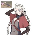  1girl arm_behind_head black_bridal_gauntlets blue_eyes braid capelet fire_emblem fire_emblem_fates fujoshi hairband hand_on_own_hip harness highres hood hood_down hooded_capelet leather long_hair looking_at_viewer low_twin_braids merylemons nina_(fire_emblem) o-ring o-ring_harness open_mouth parted_bangs red_hood smile solo twin_braids upper_body white_hair white_hairband 