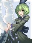  1girl blue_background blue_headwear border dress green_dress green_eyes green_hair green_nails highres long_sleeves looking_at_viewer open_mouth pygrenix short_hair soga_no_tojiko solo touhou white_border 