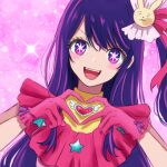  1girl commentary_request gloves hair_ornament heart heart_hands highres hoshino_ai_(oshi_no_ko) idol_clothes long_hair one_side_up open_mouth oshi_no_ko pink_gloves purple_hair rabbit_hair_ornament smile solo star-shaped_pupils star_(symbol) symbol-shaped_pupils turtleneck upper_body violet_eyes yuurururun 