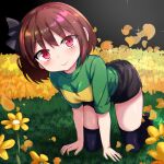  1girl all_fours artist_name black_background black_bow black_ribbon black_shorts black_thighhighs blush bob_cut bow breasts brown_footwear brown_hair chara_(undertale) closed_mouth commentary crawling dark eyelashes field flower flower_field grass green_shirt hair_bow hair_ribbon hands_on_ground head_tilt looking_at_viewer outdoors petals red_eyes ribbon shirt shoes short_hair short_sleeves shorts signature single_horizontal_stripe small_breasts smile solo sparkle thigh-highs undertale yellow_flower yellow_shirt yuzero2001 zettai_ryouiki 