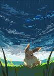  absurdres clouds cloudy_sky eevee fukafuka grass highres no_humans outdoors pokemon pokemon_(creature) rain sky solo 