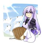  1girl basket black_cloak circlet cloak dress fire_emblem fire_emblem:_genealogy_of_the_holy_war holding holding_basket jewelry julia_(fire_emblem) long_hair outdoors purple_hair smile solo washing_clothes wide_sleeves yukia_(firstaid0) 