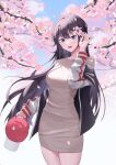  1girl black_hair brown_dress cherry_blossoms dress hair_between_eyes hat highres holding holding_clothes holding_hat long_hair open_mouth original solo very_long_hair violet_eyes yeming_(yeming0529) 