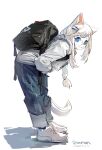  1girl :3 animal_ears ankle_boots backpack bag blue_eyes blue_pants boots braid bright_pupils cat_ears cat_girl cat_tail chinese_commentary commentary_request dated from_side full_body furry furry_female glasses hair_ornament hairclip highres jacket leaning_forward long_hair long_sleeves looking_at_viewer original pants round_eyewear shiiorina signature simple_background single_braid sketch slit_pupils smile solo standing swept_bangs tail white_background white_footwear white_hair white_jacket white_pupils 
