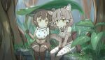  2girls :&lt; absurdres animal_ear_fluff animal_ears animal_print back_bow bare_shoulders belt blurry blurry_background blush bow bowtie brown_hair cat_ears cat_girl cat_print cat_tail chibi closed_mouth dated day elbow_gloves extra_ears feet_out_of_frame giant_leaf gloves grass green_eyes grey_hair hair_between_eyes high-waist_skirt highres holding holding_leaf iriomote_cat_(kemono_friends) kemono_friends kemono_friends_3 leaf leaf_umbrella light_brown_hair looking_at_viewer medium_hair multicolored_hair multiple_girls on_grass onefiresticks outdoors print_bow print_bowtie print_gloves print_shirt print_skirt print_thighhighs rain sash scarf shirt side-by-side sitting skirt sleeveless sleeveless_shirt tail thigh-highs tree tsushima_leopard_cat_(kemono_friends) v_arms water yellow_eyes zettai_ryouiki 