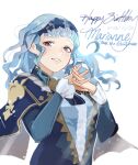  1girl blue_hair blunt_bangs brown_eyes cape dated english_text fire_emblem fire_emblem:_three_houses happy_birthday highres looking_at_viewer marianne_von_edmund misokatsuhaumai portrait puffy_sleeves simple_background smile solo thank_you twitter_username upper_body white_background 
