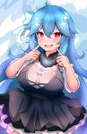  1girl absurdres bao_(vtuber) blue_bow blue_hair blush bow breasts dress hair_bow hair_ornament highres humanization indie_virtual_youtuber large_breasts long_hair looking_at_viewer open_mouth red_eyes sae_art virtual_youtuber 