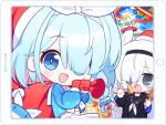  2girls arona_(blue_archive) black_coat black_hairband black_sailor_collar black_serafuku blue_archive blue_eyes blue_hair blush cake chicken_(food) chicken_leg coat colored_inner_hair food food_on_face fork gloves grey_eyes hair_over_one_eye hairband hat highres holding holding_food holding_fork holding_sack long_hair long_sleeves looking_at_viewer multicolored_hair multiple_girls neckerchief open_clothes open_coat open_mouth pink_hair plana_(blue_archive) pleated_skirt red_gloves red_headwear sack sailor_collar santa_hat school_uniform serafuku skirt smile surps white_hair white_neckerchief white_skirt 