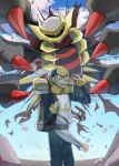  1boy artist_name backpack bag baseball_cap blonde_hair blue_sky closed_eyes clouds commentary_request floating giratina giratina_(origin) hat highres p_0_a pokemon pokemon_(creature) pokemon_legends:_arceus red_eyes short_hair sky volo_(pokemon) wings 