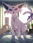  artist_name bed bed_sheet blurry blurry_background building cityscape curtains espeon fangs flower_pot hand_up highres jewelry kaminokefusa light_particles light_rays necklace nekomata on_bed open_mouth pokemon pokemon_(creature) purple_ribbon ribbon sun sweatdrop window 